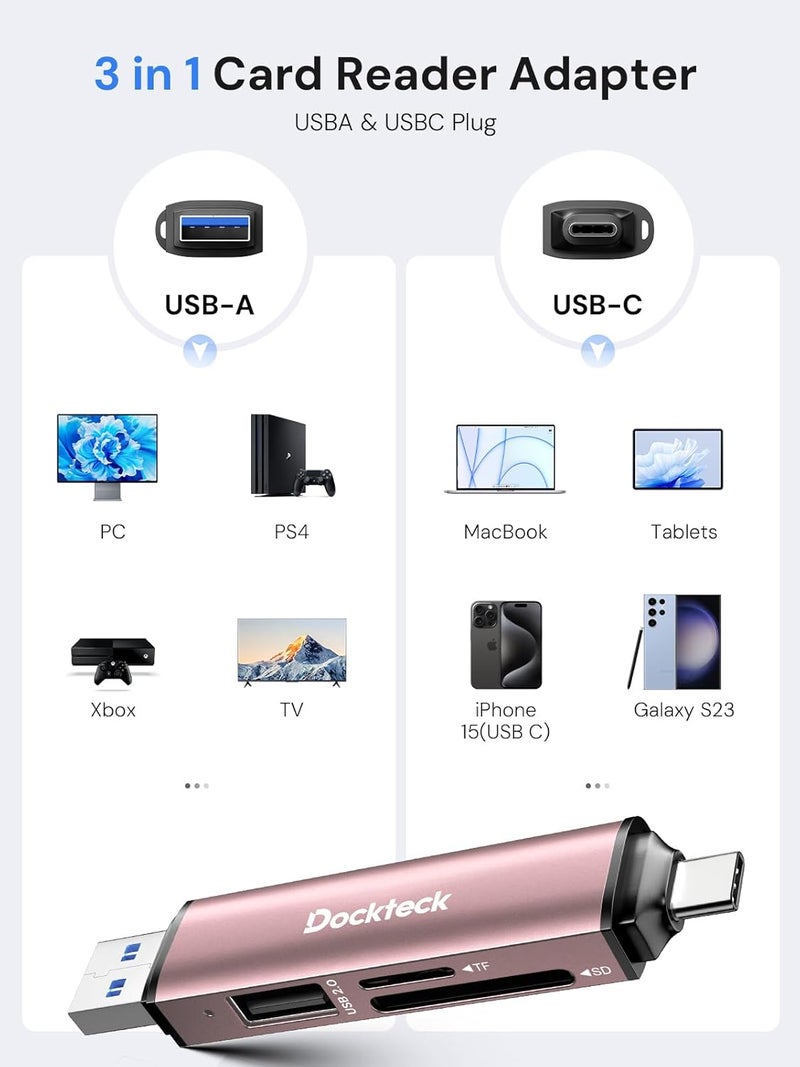 Dockteck SD Card Reader, 5G Super Speed USB3.0 SD/TF Card Reader, 3-Slot USB A/C to SD/Micro SD/USB A Memory Card Reader for UHS-I SD/Micro SD/SDHC/SDXC/MMC, Support OTG for Plug&Play,Pink - Image 5